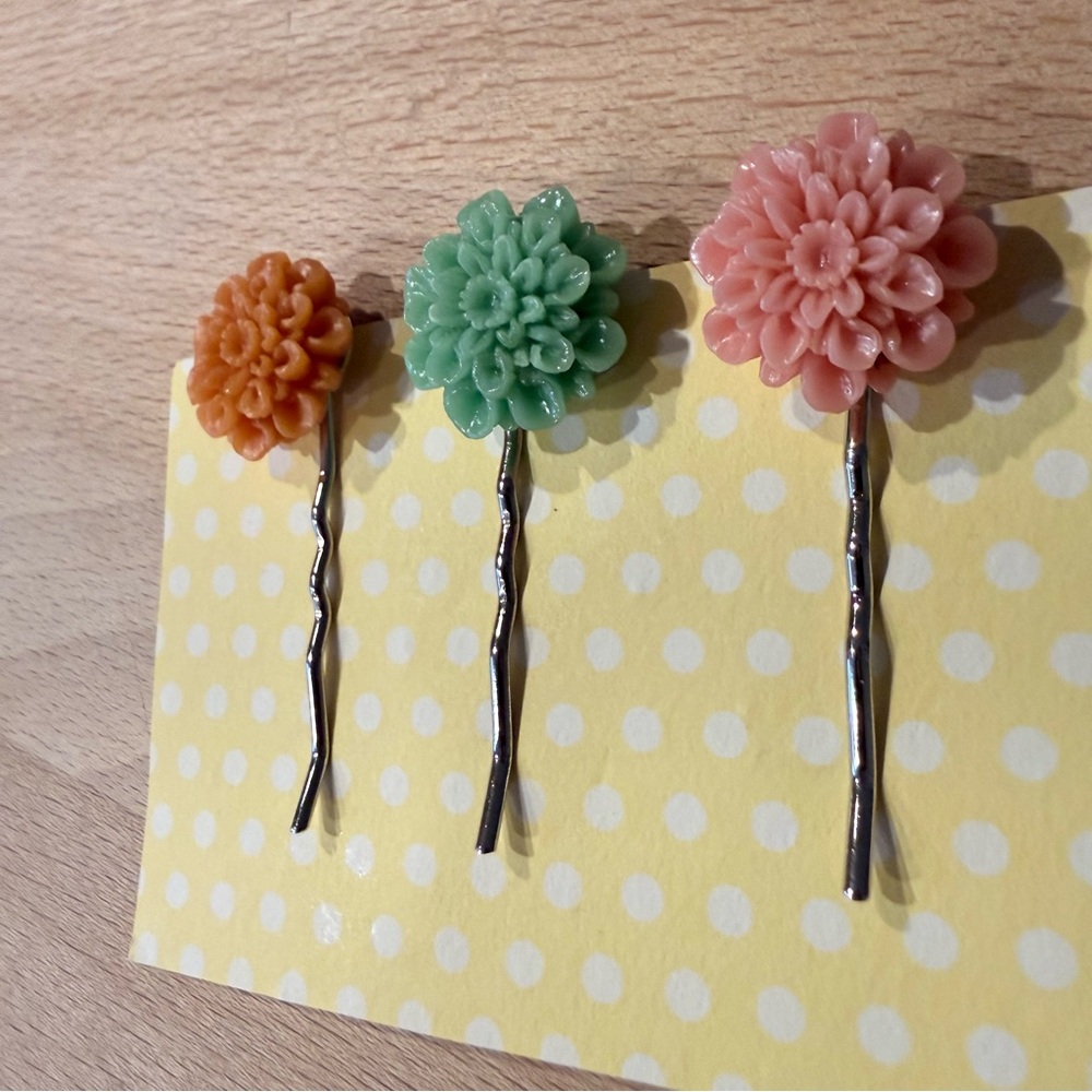 Handmade Cottagecore Floral Bobby Pin Set – Marigold, Sage & Blush Trio